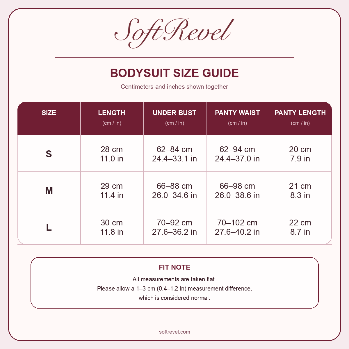 SoftRevel Size Guide — cm and in