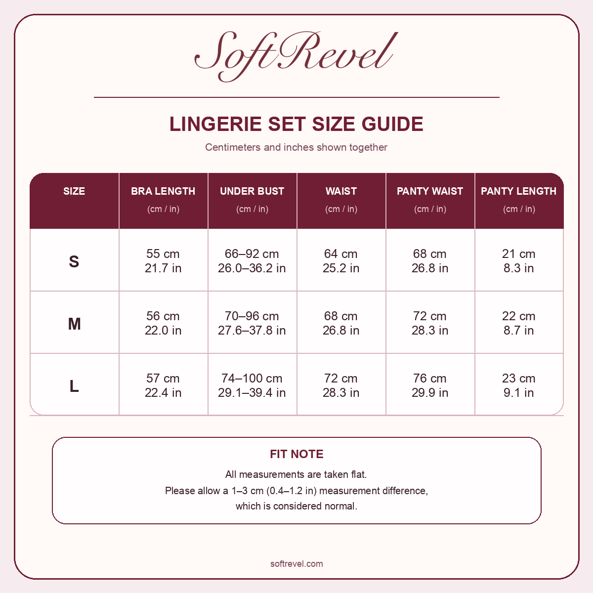 SoftRevel Size Guide — cm and in