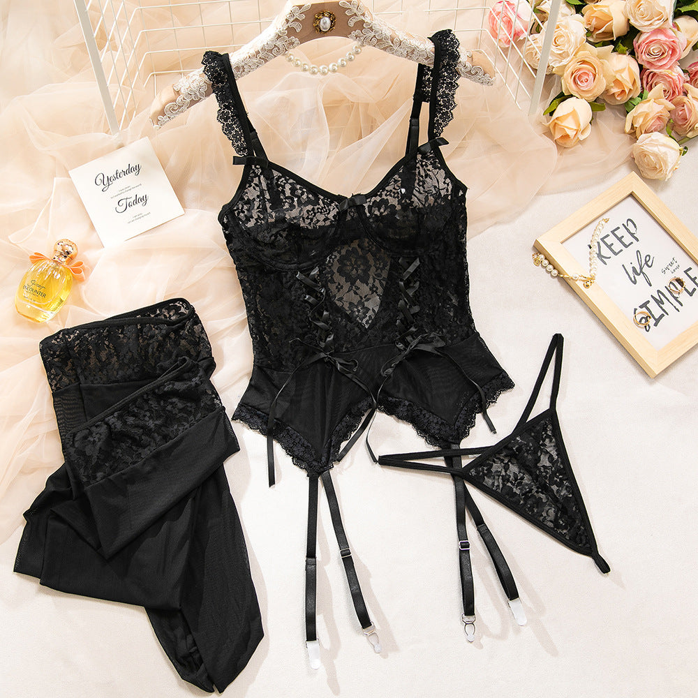SoftRevel Lace Stockings Push-Up Lingerie Set - flat lay