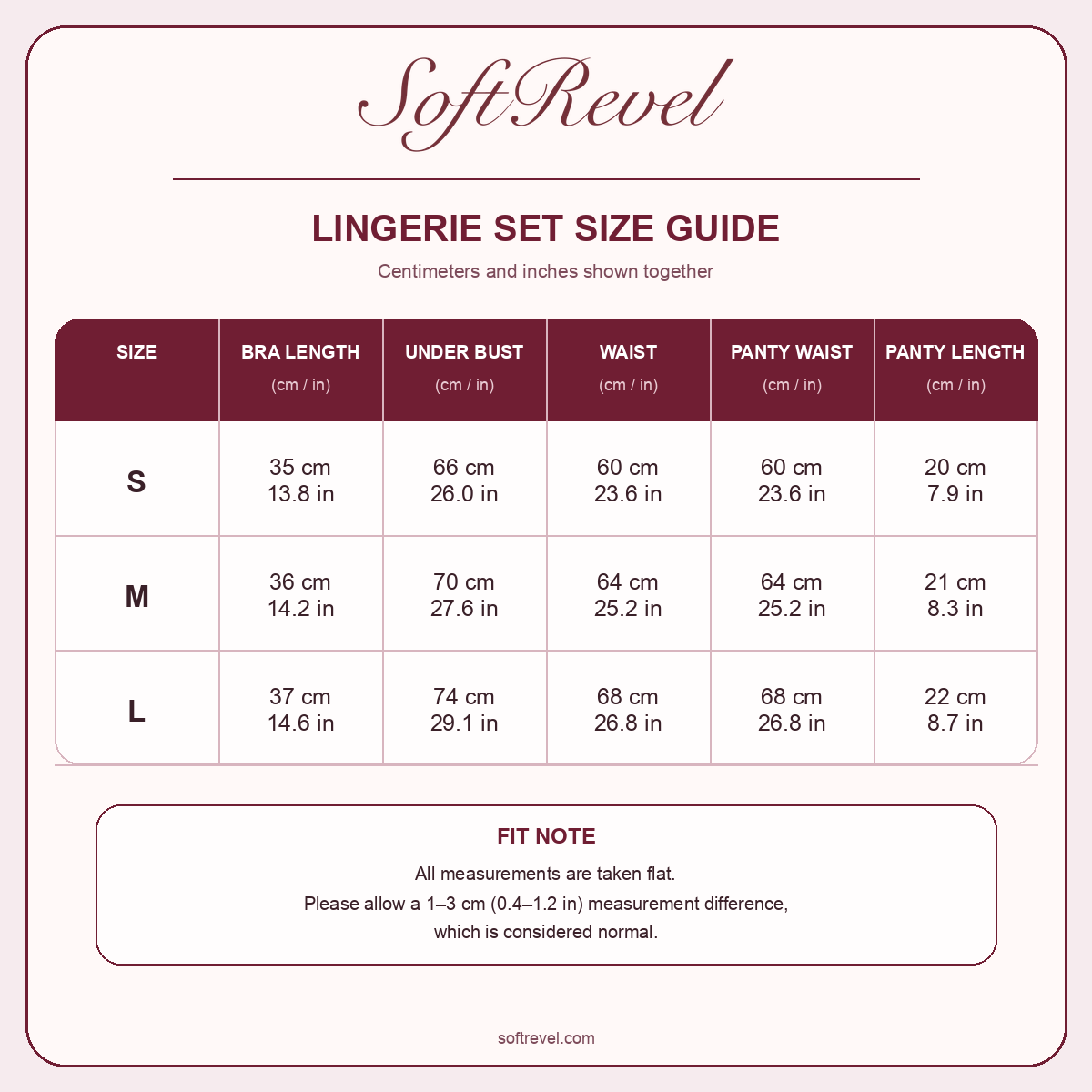 SoftRevel Size Guide — cm and in