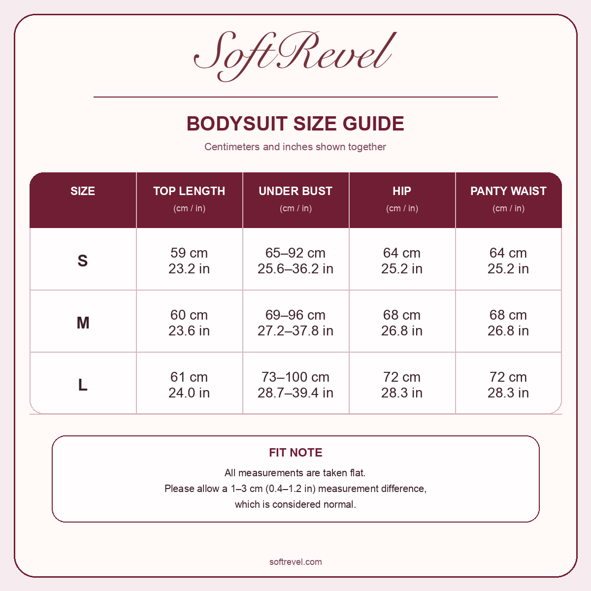 SoftRevel Size Guide — cm and in