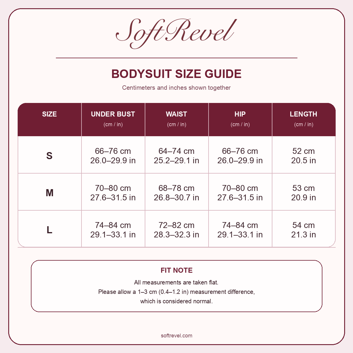 SoftRevel Size Guide — cm and in