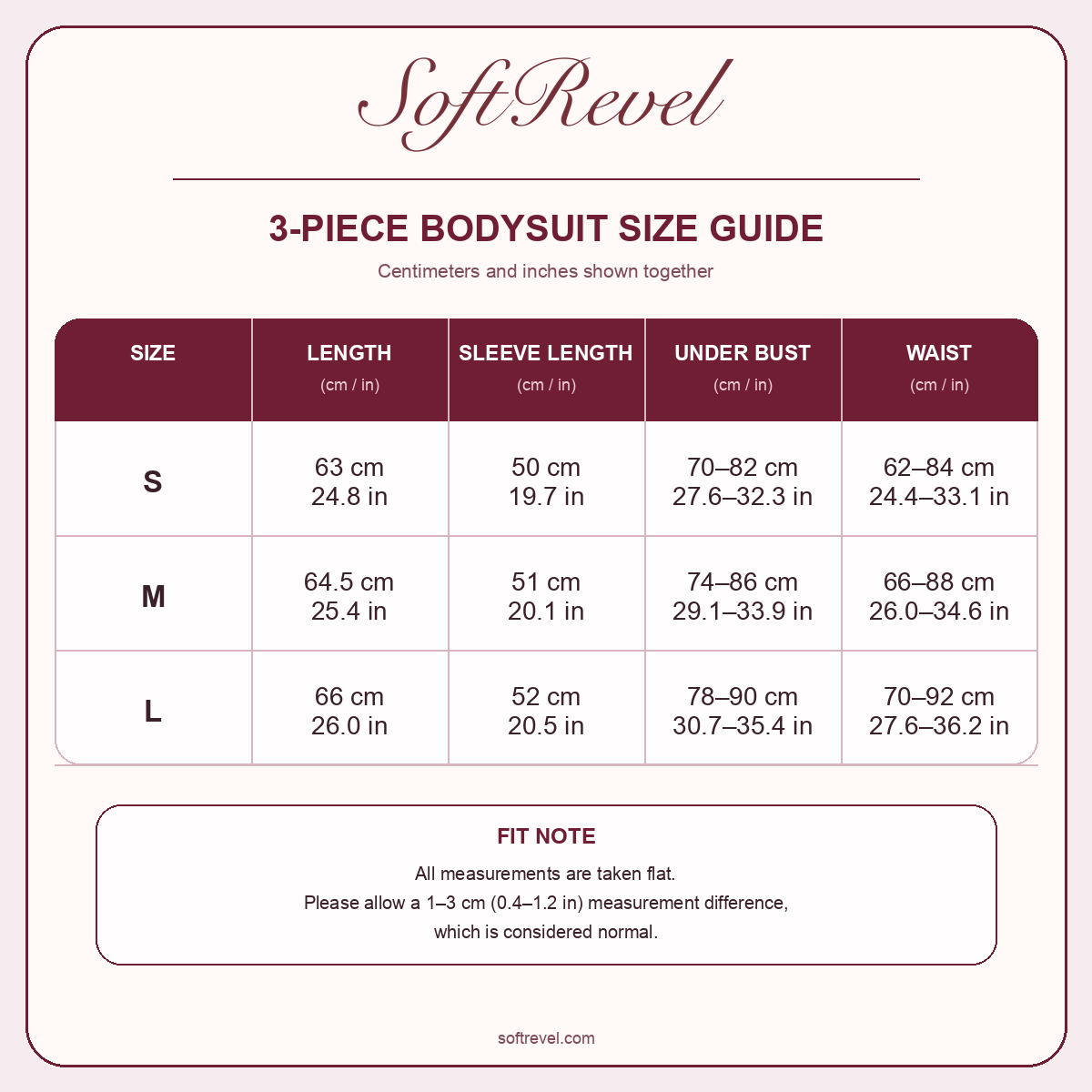 SoftRevel Size Guide — cm and in