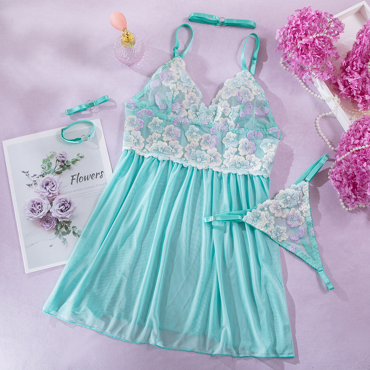 SoftRevel Mesh 4-Piece Set Babydoll Dress Lingerie - flat lay