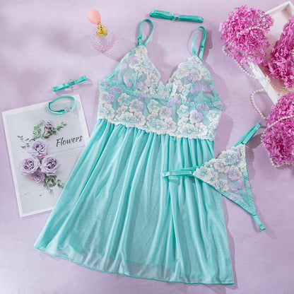 SoftRevel Mesh 4-Piece Set Babydoll Dress Lingerie - flat lay