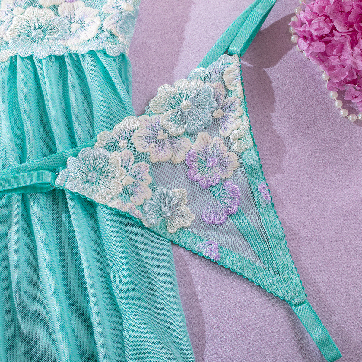 Mesh 4-Piece Set Babydoll Dress Lingerie - detail view 16