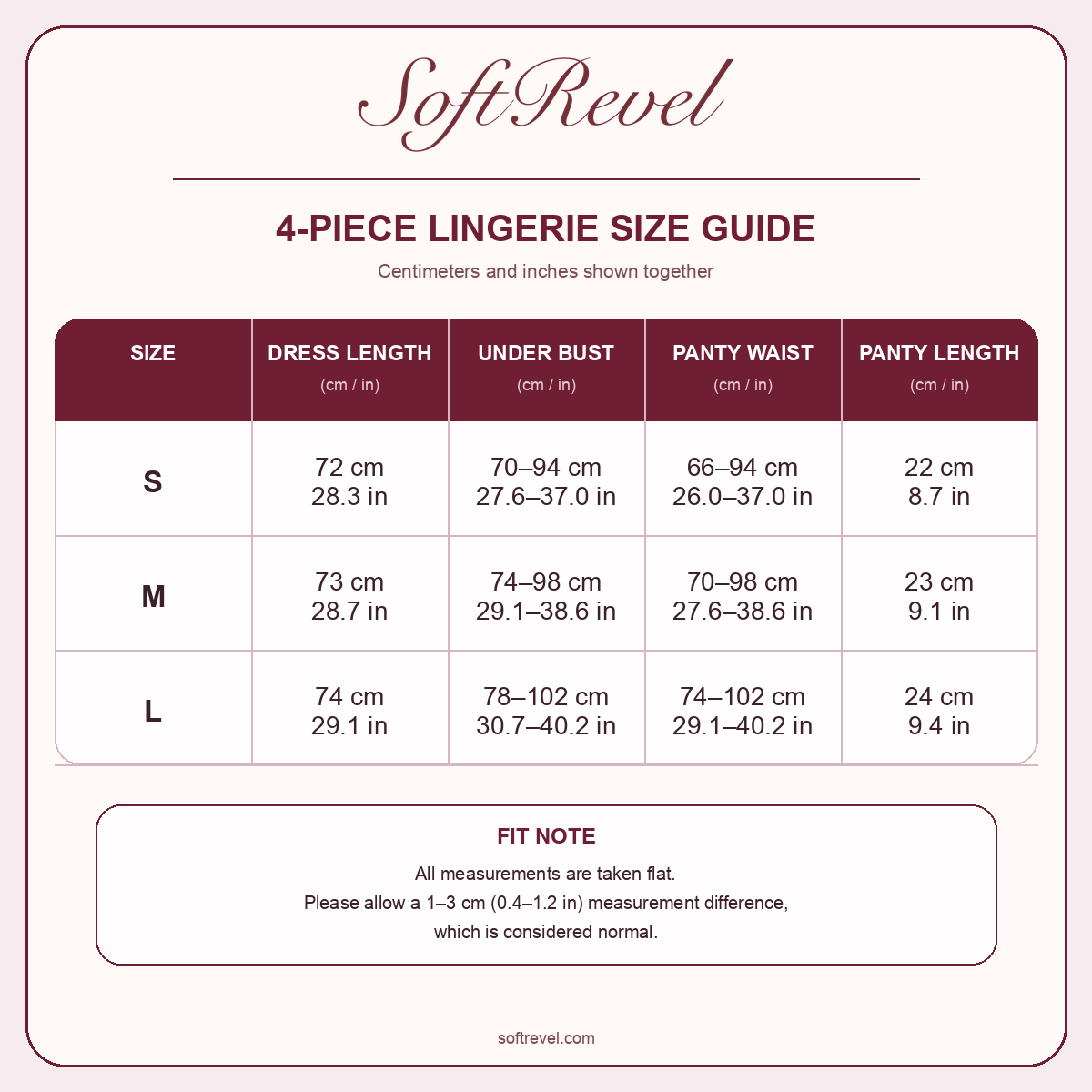 SoftRevel Size Guide — cm and in