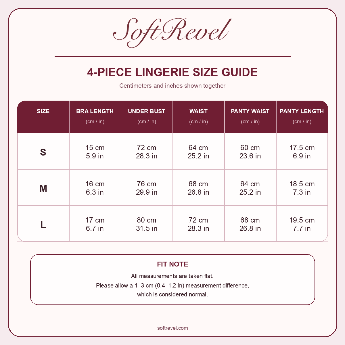 SoftRevel Size Guide — cm and in