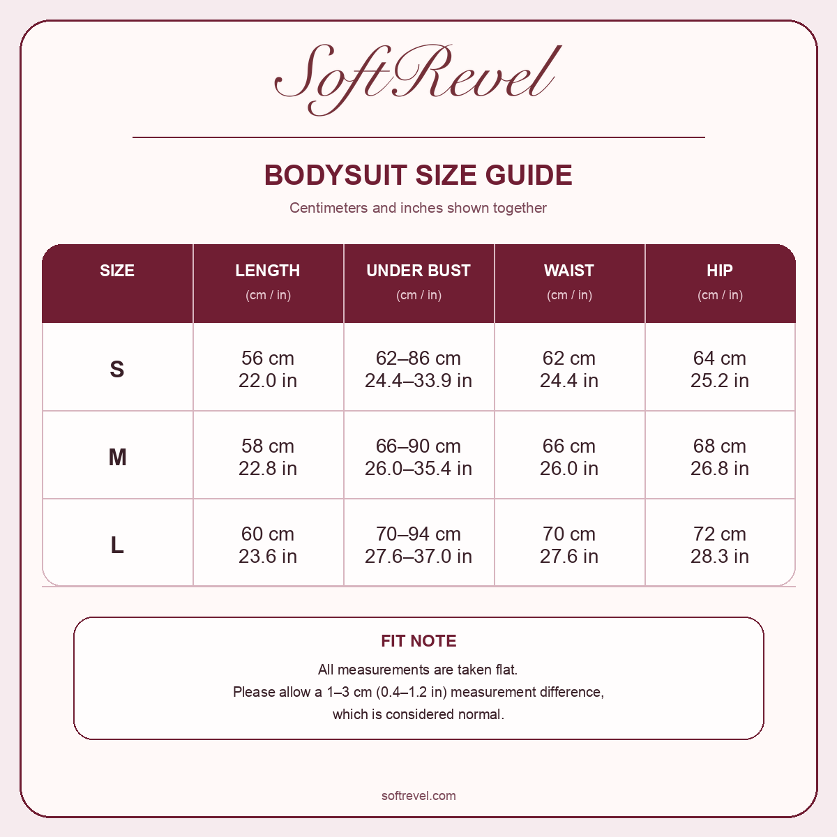 SoftRevel Size Guide — cm and in