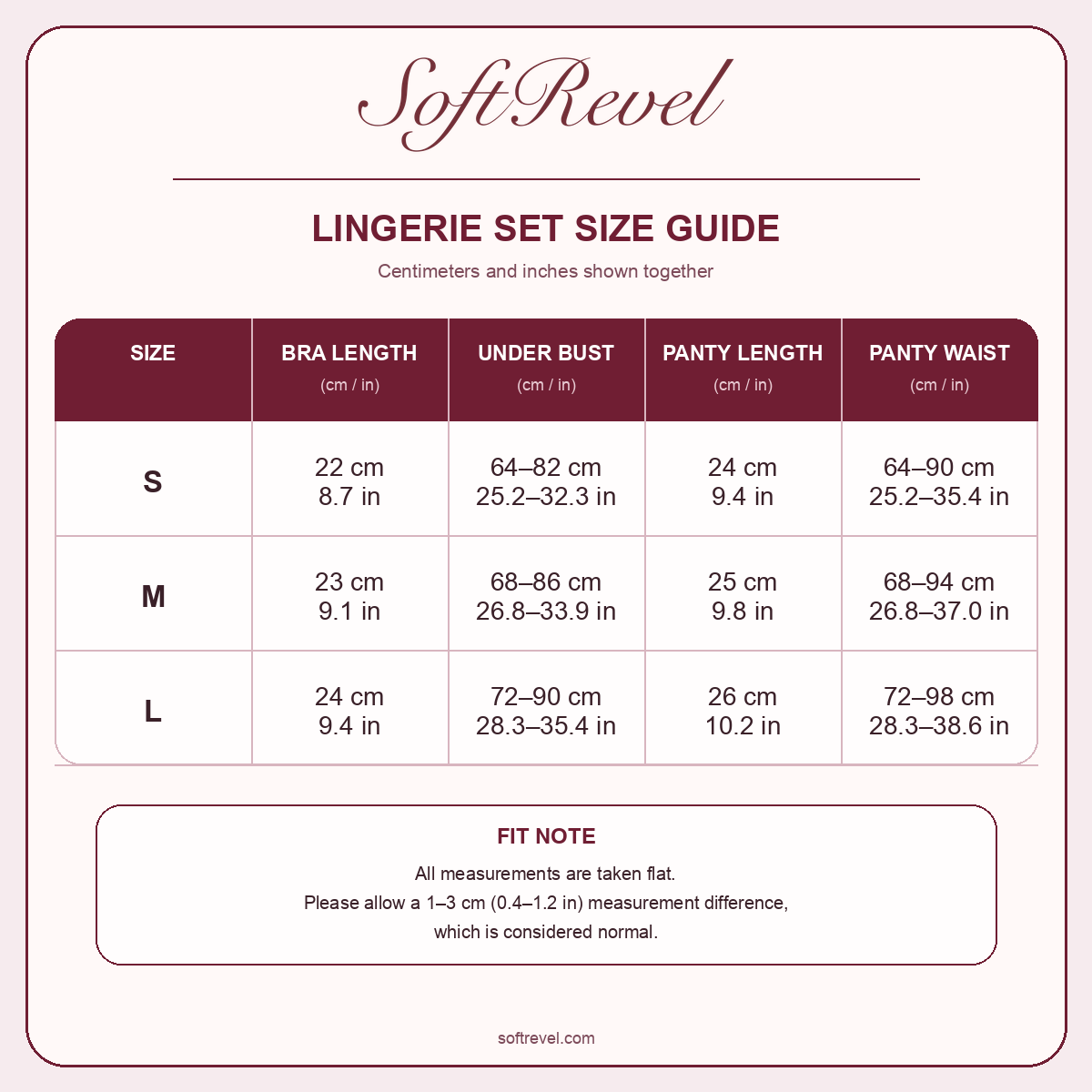 SoftRevel Size Guide — cm and in