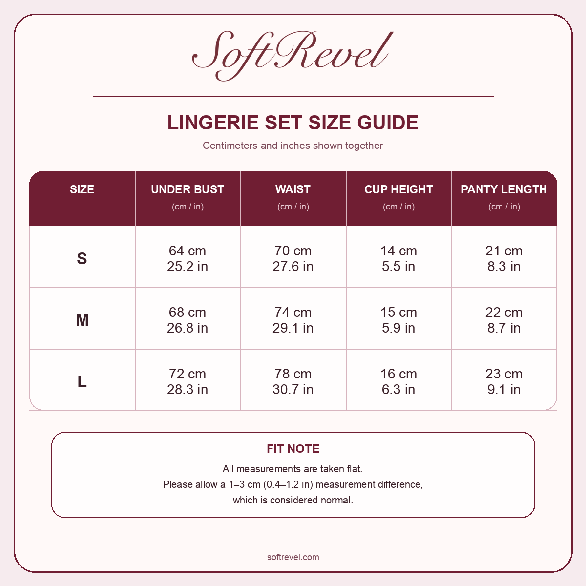 SoftRevel Size Guide — cm and in