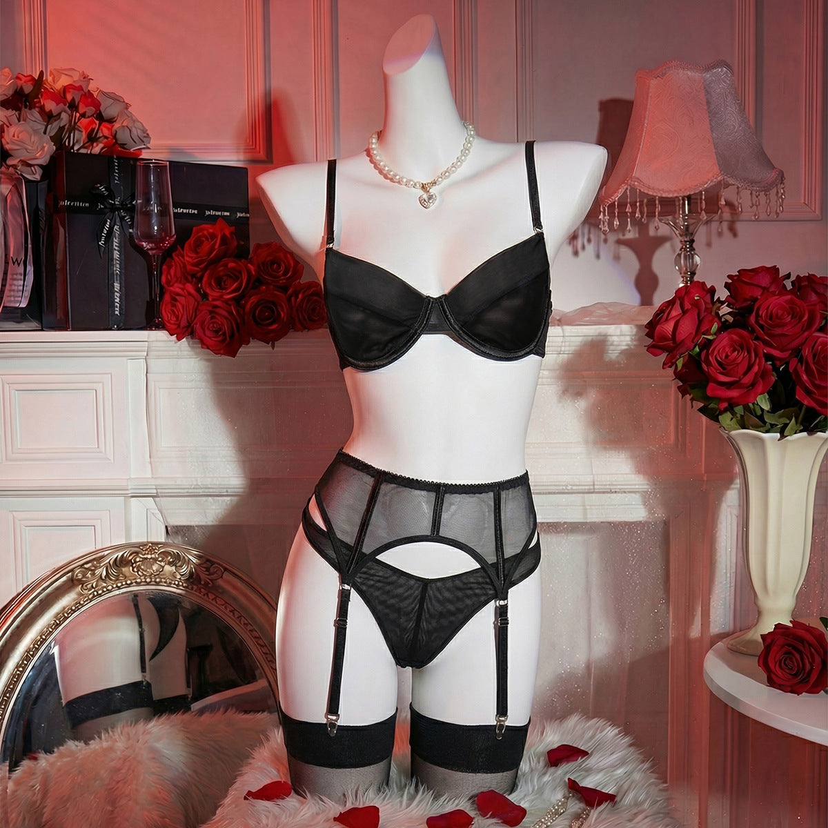 Black - Mesh Push-Up Lingerie Set