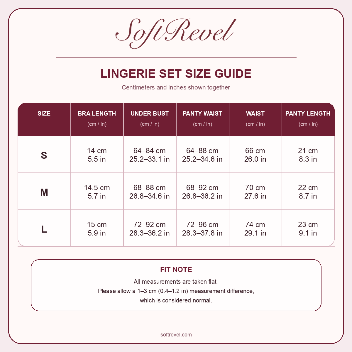 SoftRevel Size Guide — cm and in