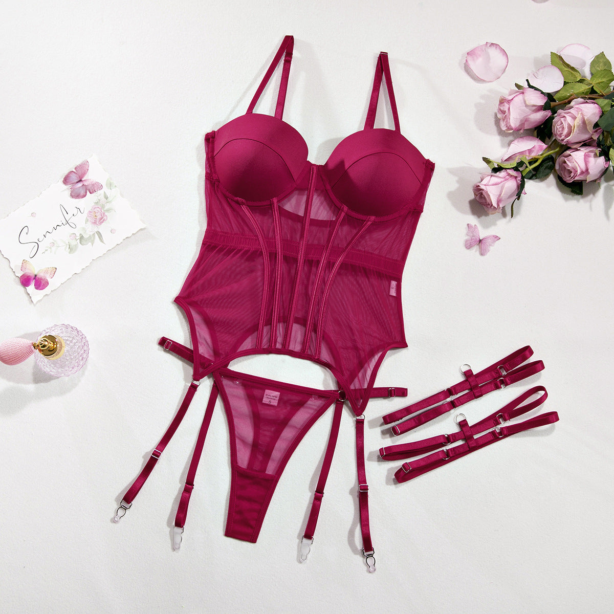 Burgundy - Mesh Shapewear Bodysuit Push-Up Lingerie Set