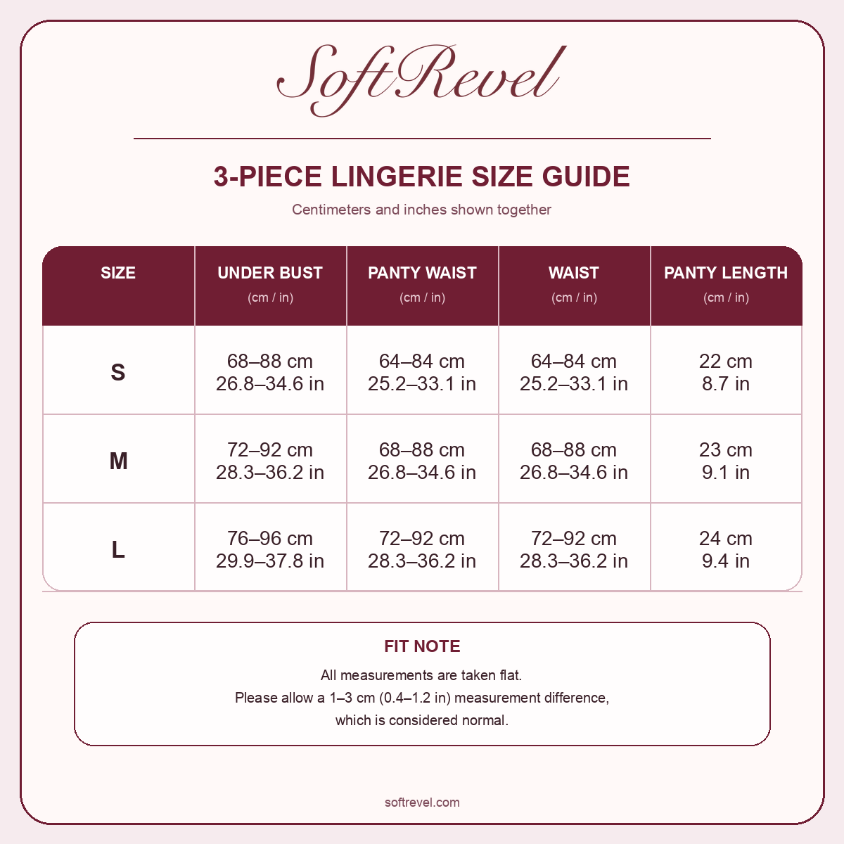 SoftRevel Size Guide — cm and in