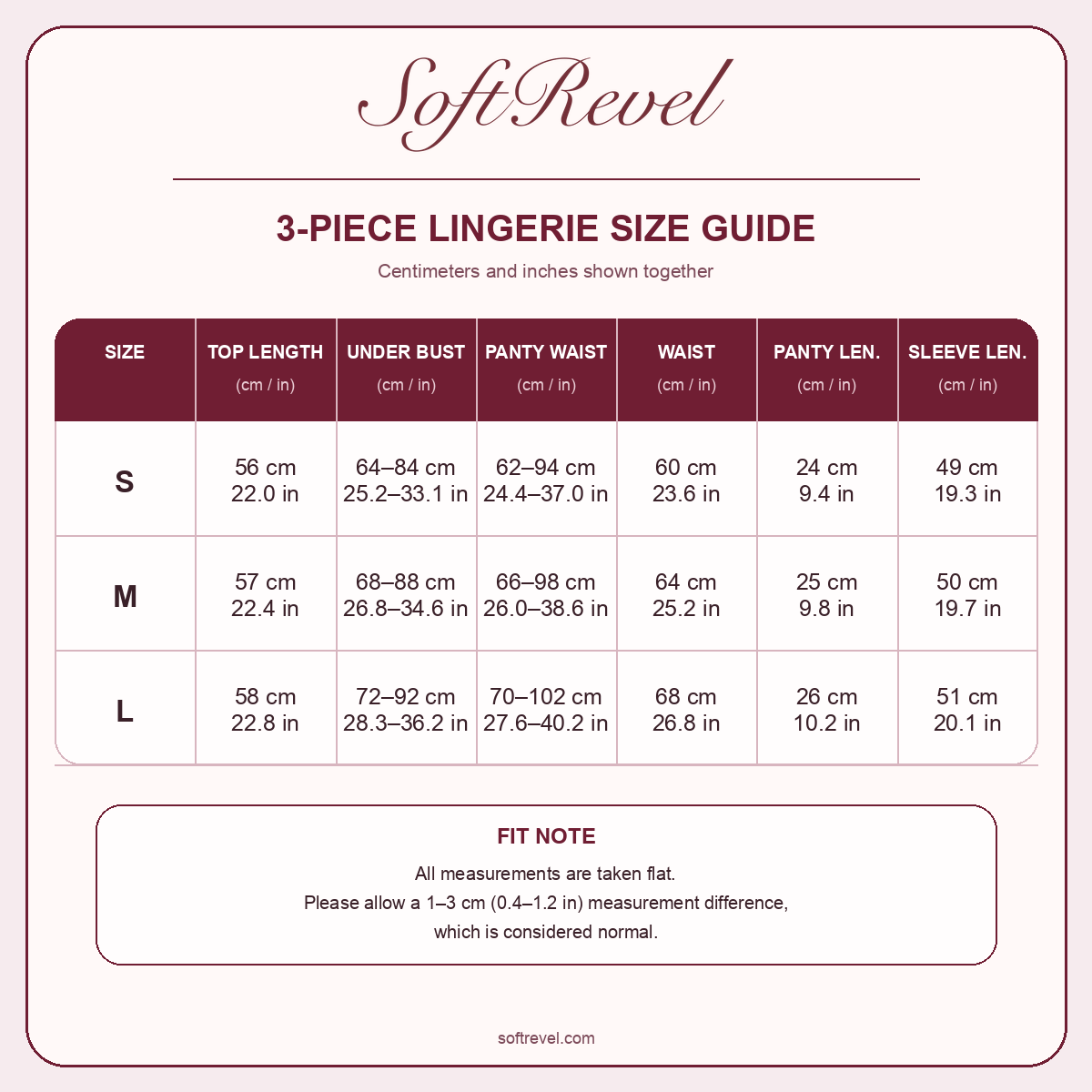SoftRevel Size Guide — cm and in