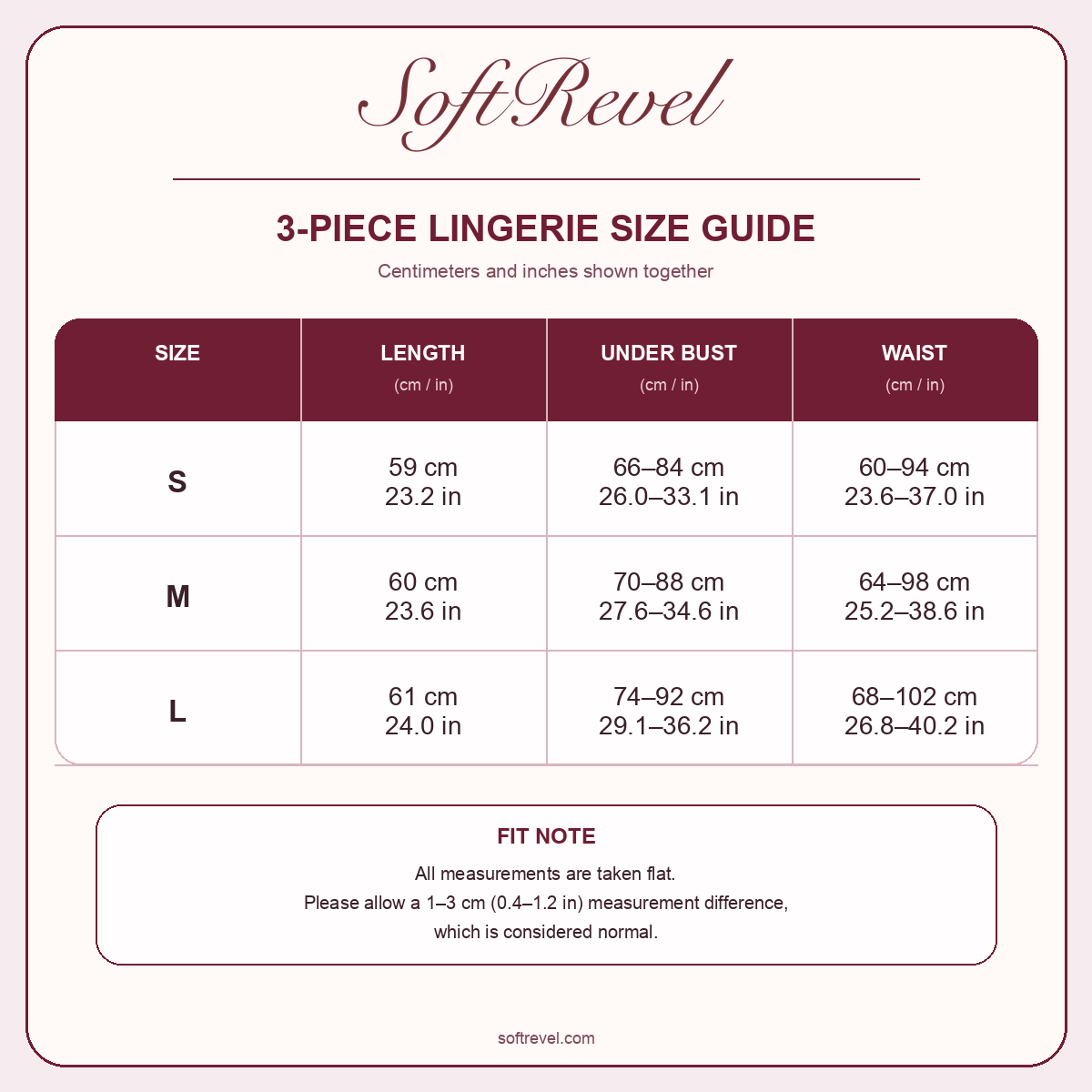 SoftRevel Size Guide — cm and in