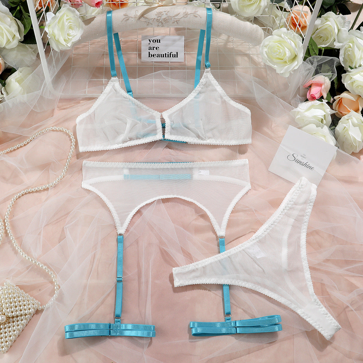 Blue - Mesh Sheer 3-Piece Set Lingerie