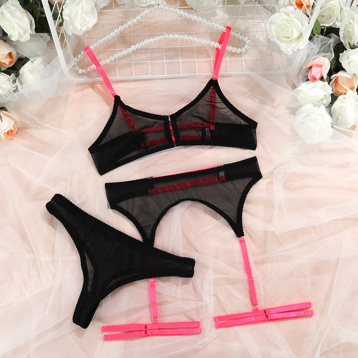 Pink - Mesh Sheer 3-Piece Set Lingerie