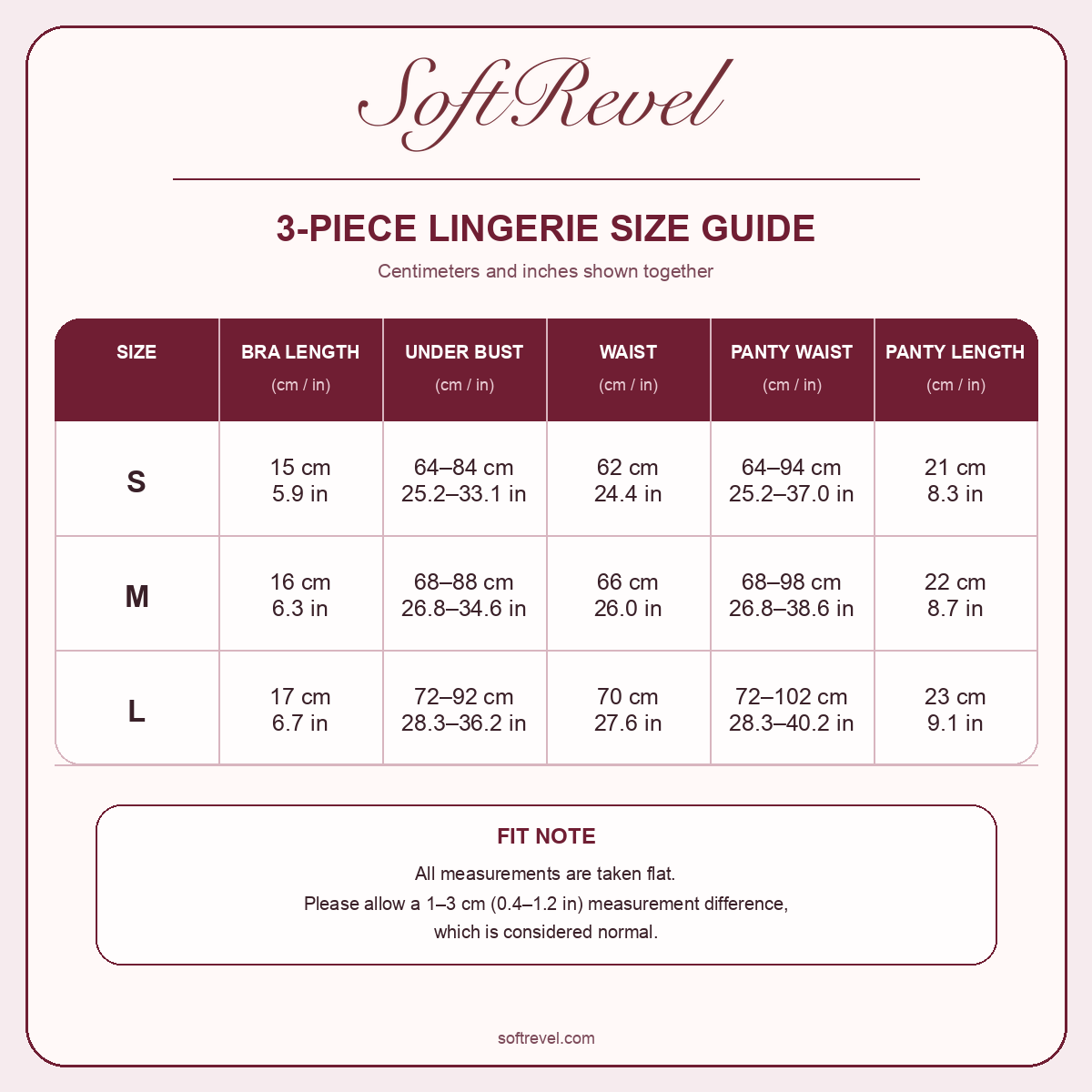SoftRevel Size Guide — cm and in