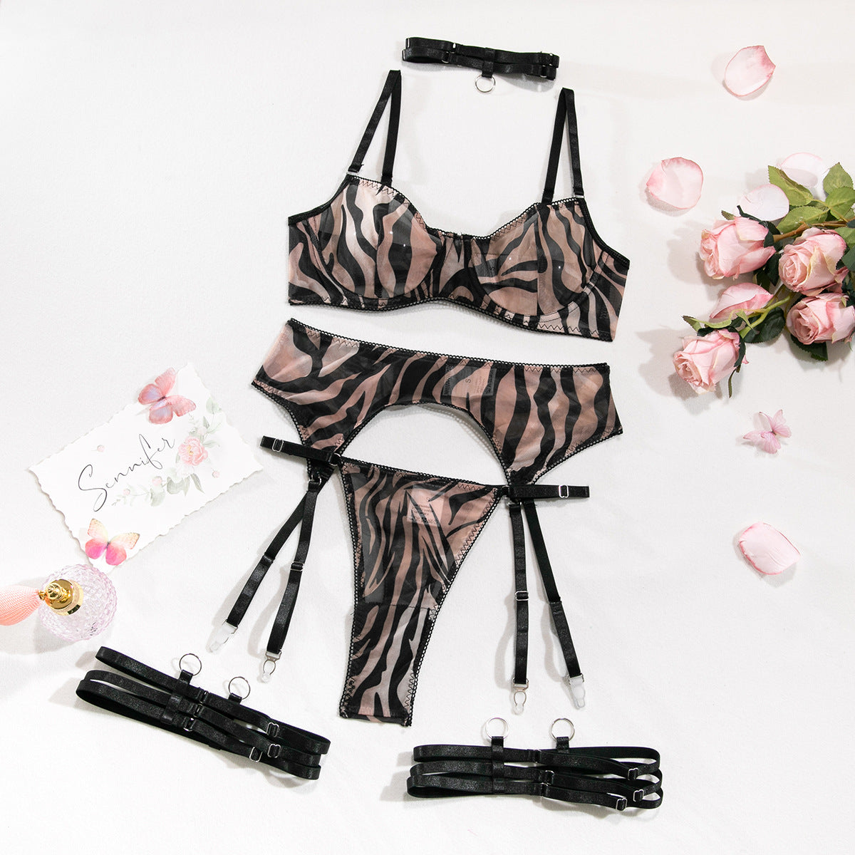 SoftRevel Mesh Sheer 4-Piece Set Lingerie - flat lay