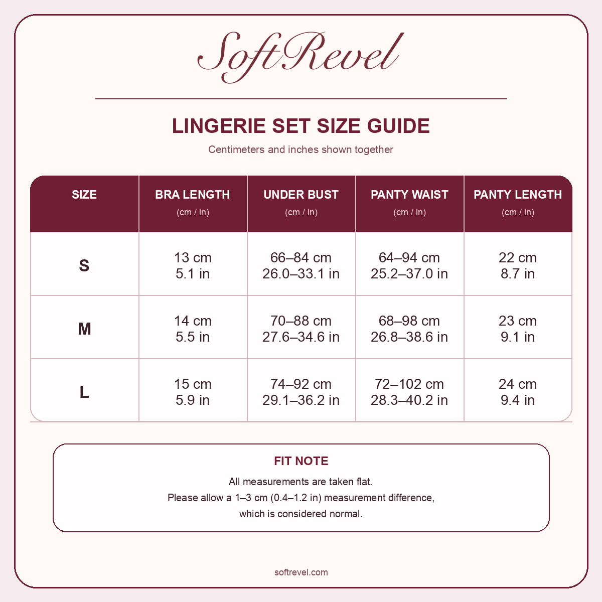 SoftRevel Size Guide — cm and in
