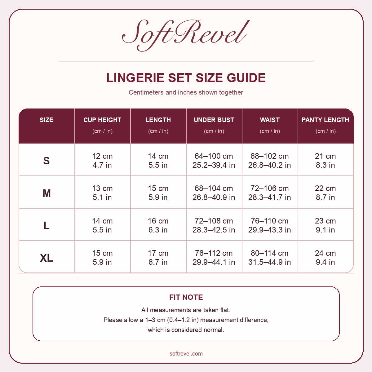 SoftRevel Size Guide — cm and in
