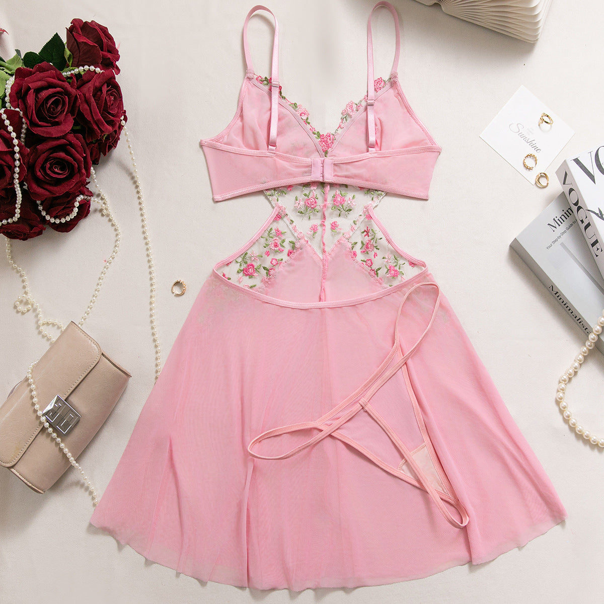 Mesh Sheer Embroidered Babydoll Dress - detail view 11