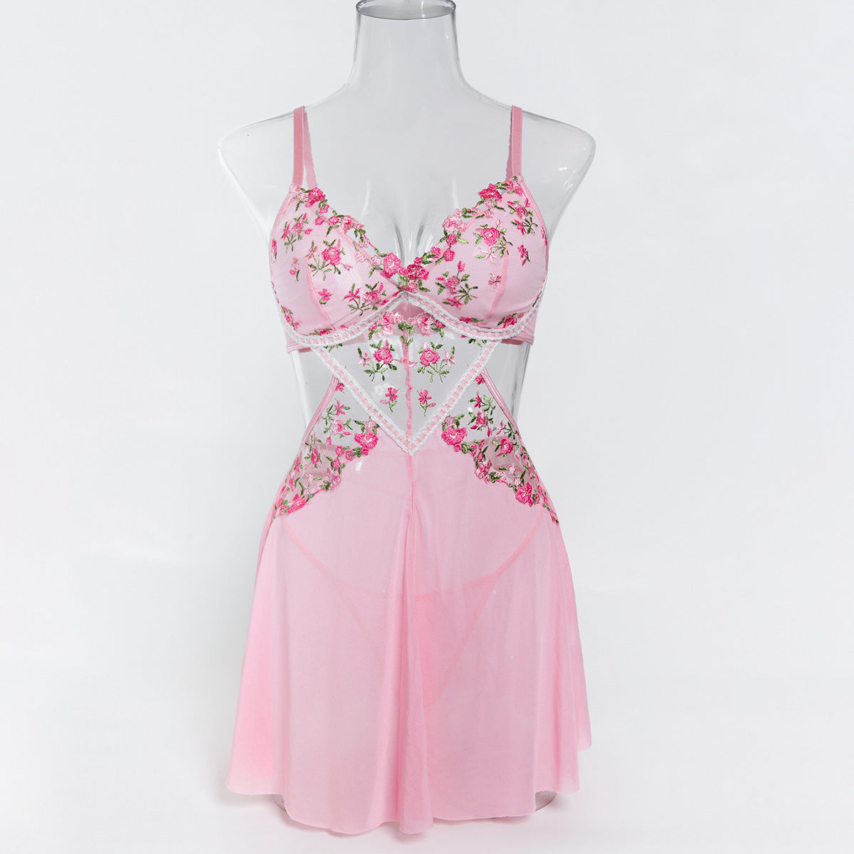 Pink - Mesh Sheer Embroidered Babydoll Dress