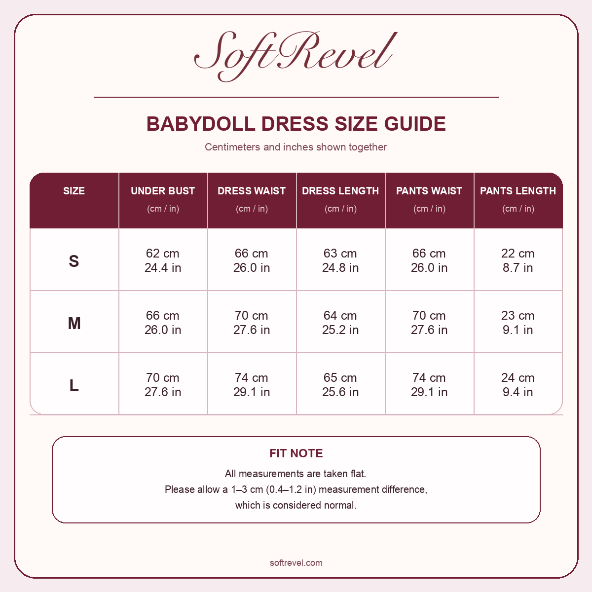 SoftRevel Size Guide — cm and in