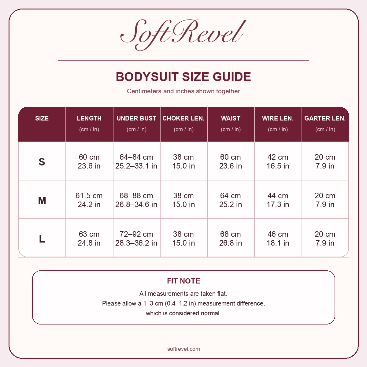 SoftRevel Size Guide — cm and in