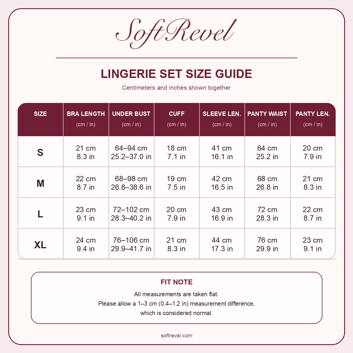 SoftRevel Size Guide — cm and in