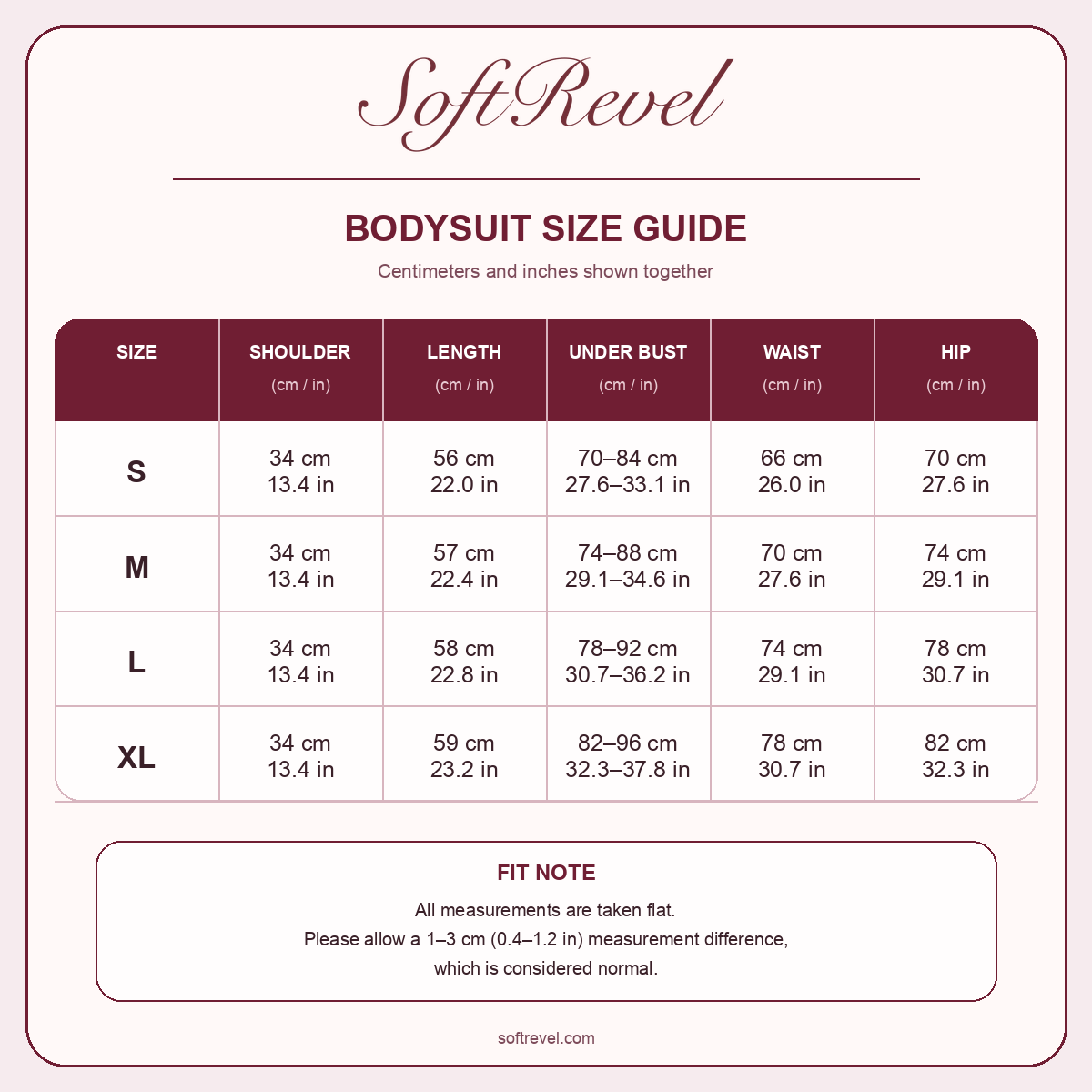 SoftRevel Size Guide — cm and in