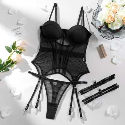 SoftRevel Mesh Sheer Lingerie Set Bodysuit - full view