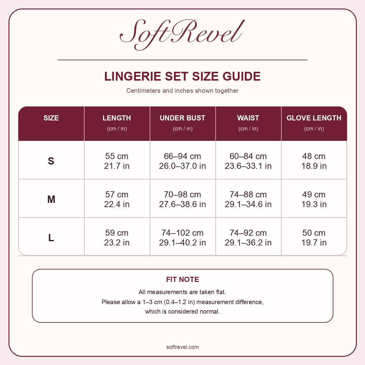 SoftRevel Size Guide — cm and in