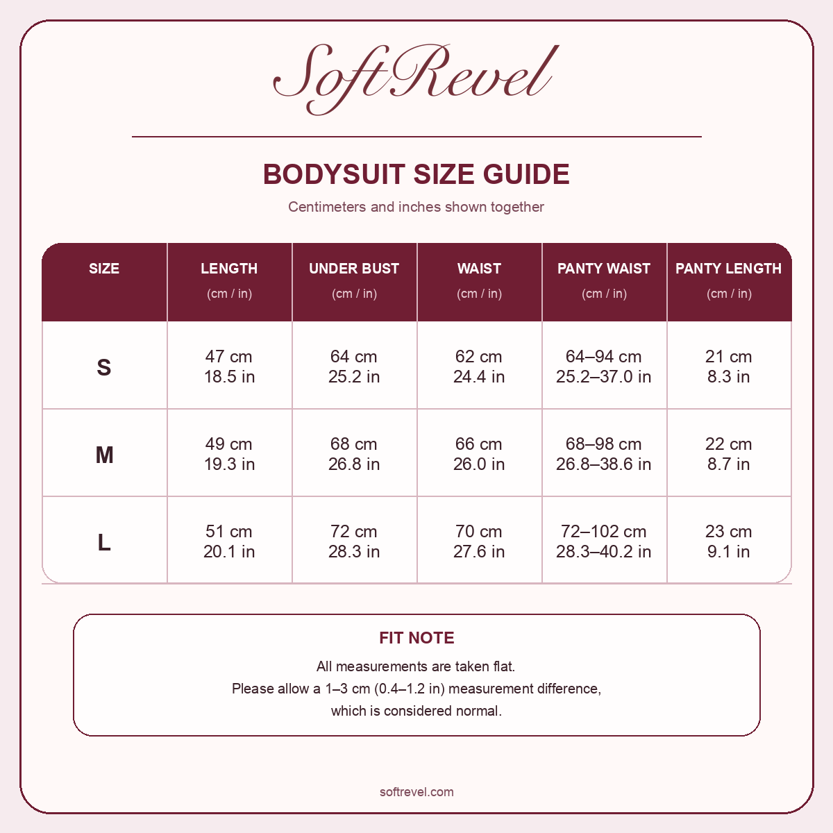 SoftRevel Size Guide — cm and in