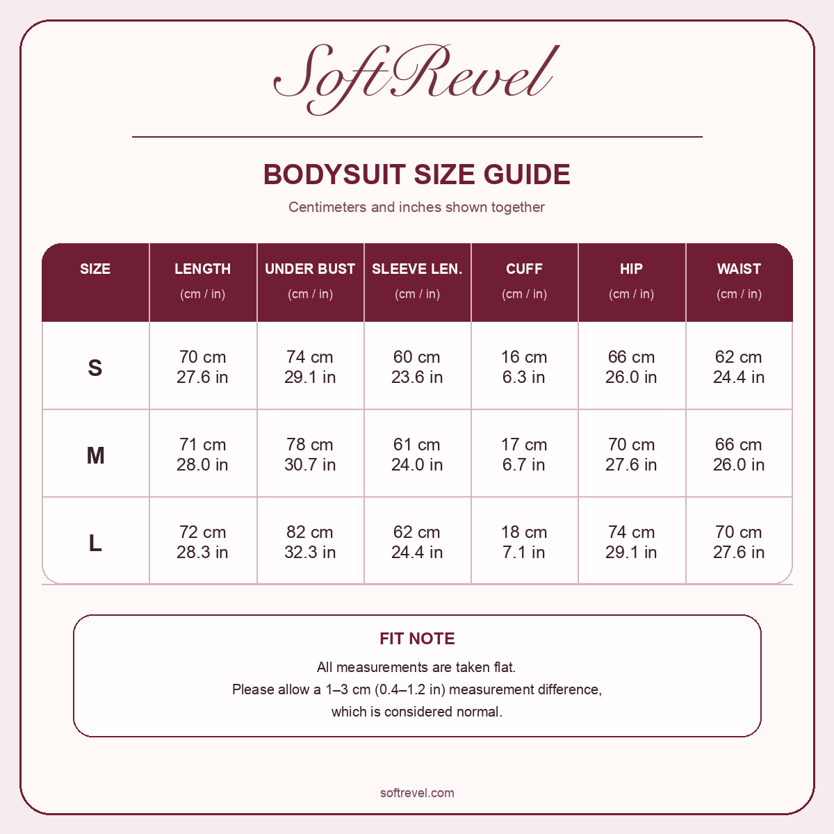 SoftRevel Size Guide — cm and in