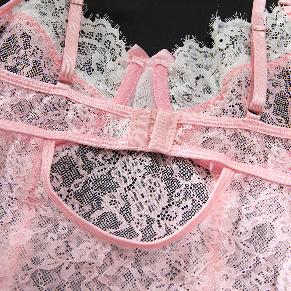 Pink Lace Bodysuit Garter Set - detail view 16