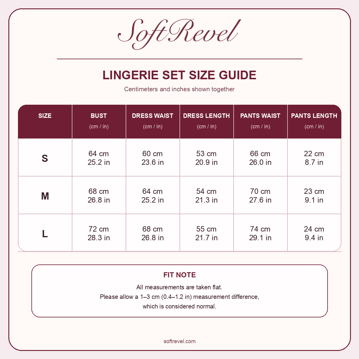 SoftRevel Size Guide — cm and in