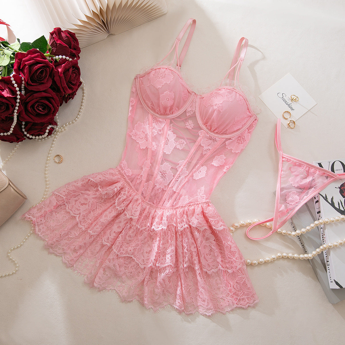 Pink Lace Shapewear Bodysuit Lingerie Set - detail view 10