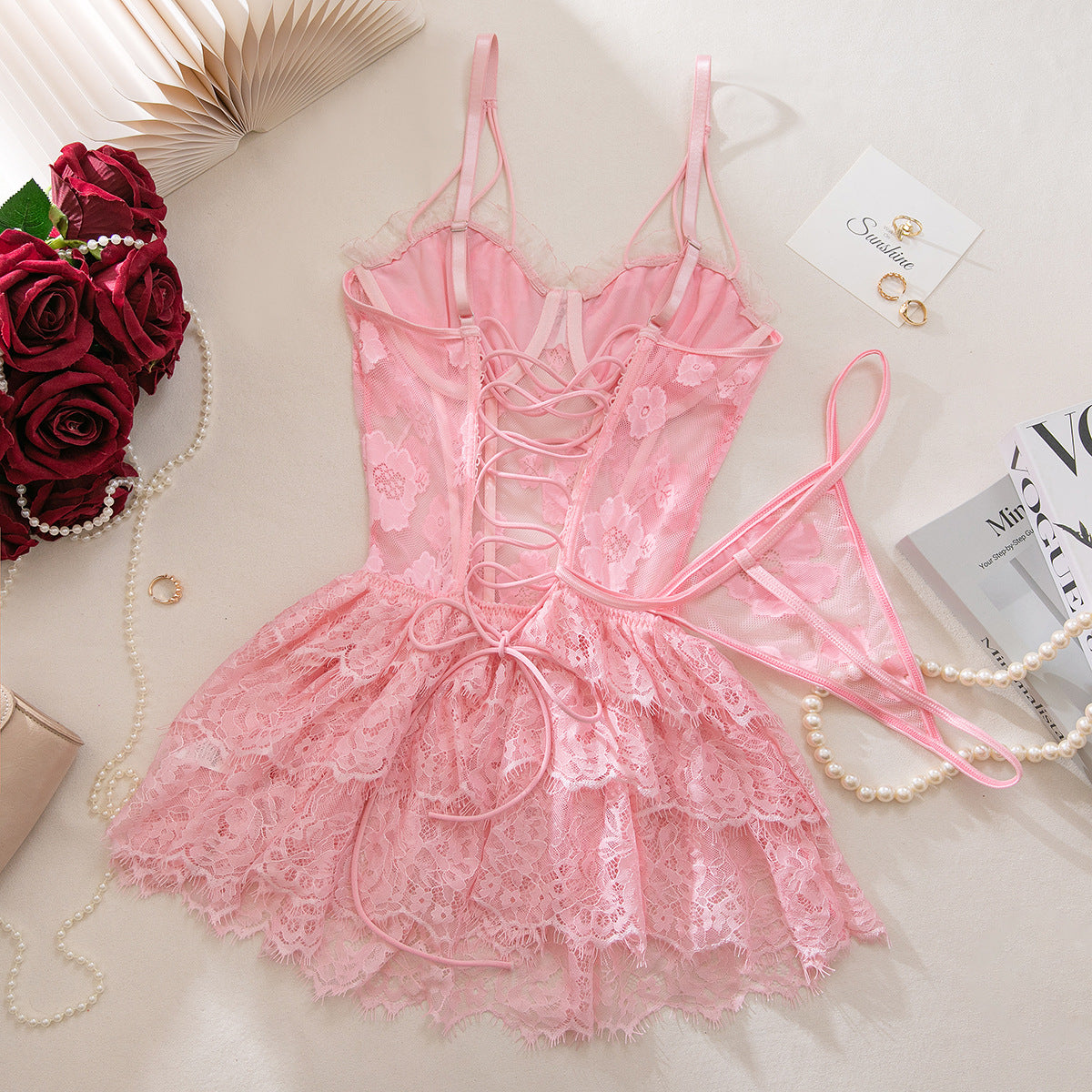 Pink Lace Shapewear Bodysuit Lingerie Set - detail view 11