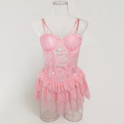 Pink - Pink Lace Shapewear Bodysuit Lingerie Set
