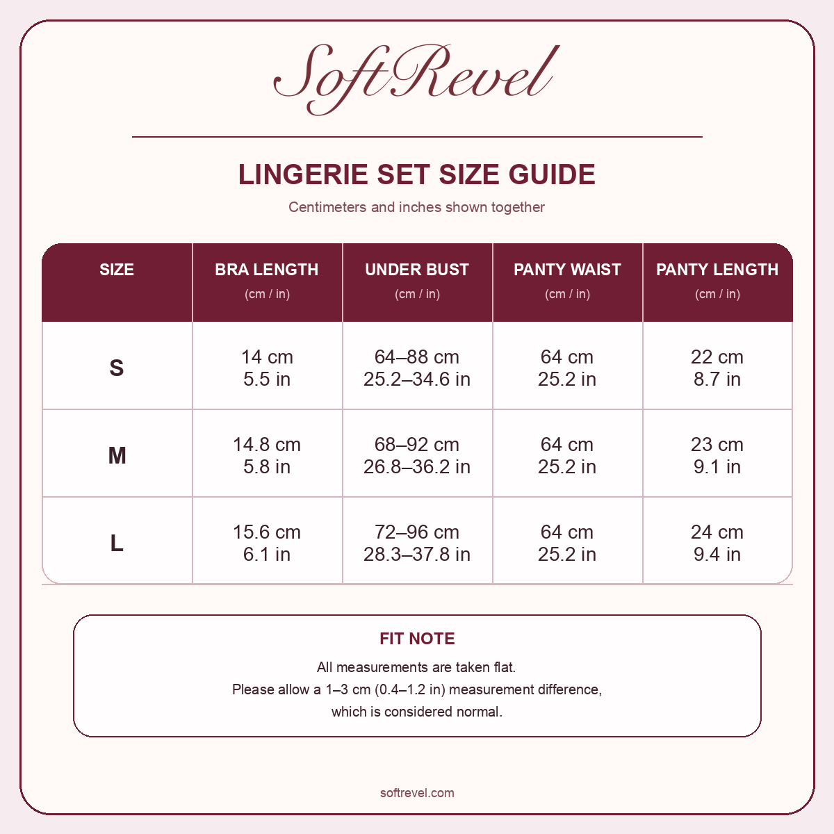 SoftRevel Size Guide — cm and in