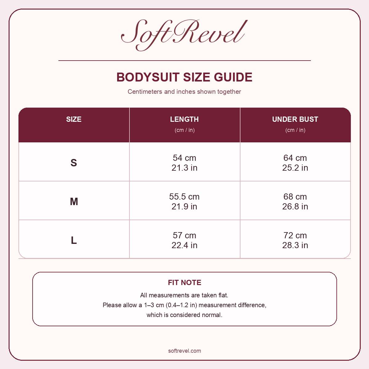 SoftRevel Size Guide — cm and in