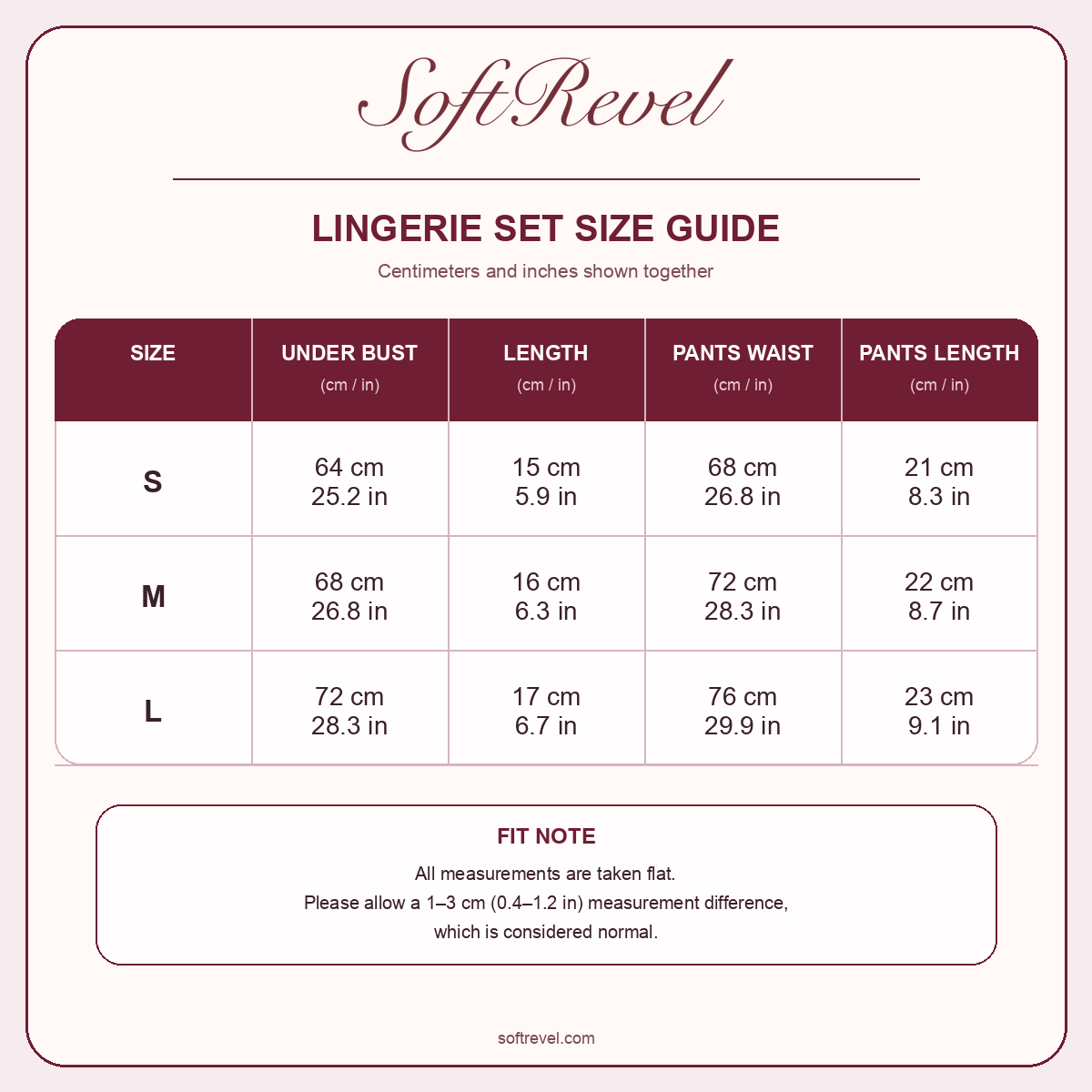 SoftRevel Size Guide — cm and in