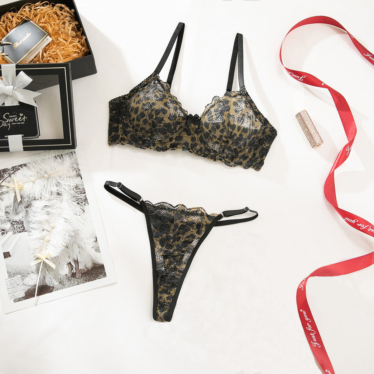 SoftRevel Print Lace Lingerie Set - flat lay