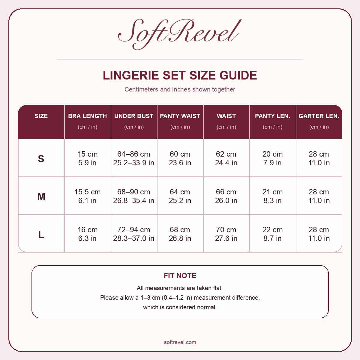 SoftRevel Size Guide — cm and in