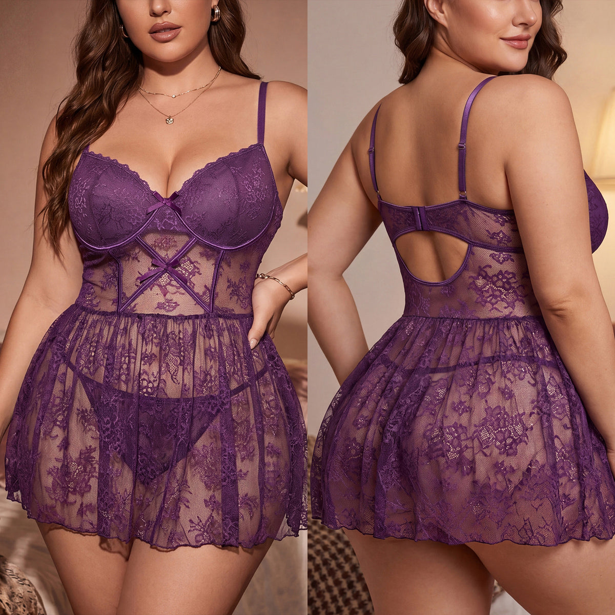 SoftRevel Purple Lace Mesh Plus Size Lingerie - front view