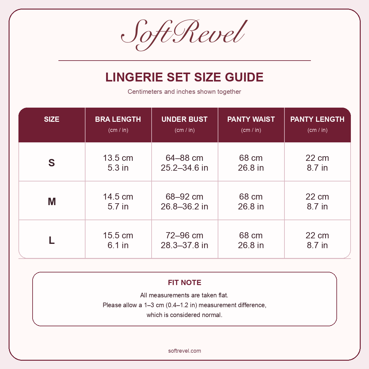 SoftRevel Size Guide — cm and in