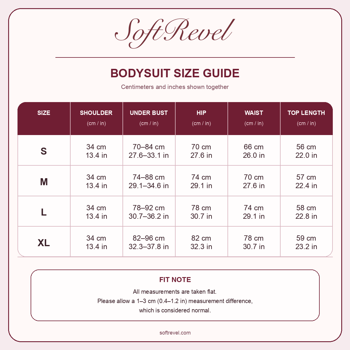 SoftRevel Size Guide — cm and in